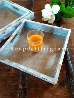 Soft Blue Set of 3 Square Serving Trays with Mother of Pearl Style Handiwork ; RespectOrigins.com
