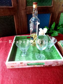 Set of 3 Square Serving Trays with Mother of Pearl Style Handiwork in Green Base; RespectOrigins.com