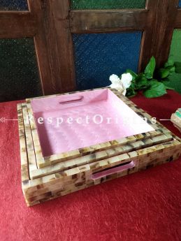 Set of 3 Square Serving Trays with Mother of Pearl Style Handiwork in Pink Base; RespectOrigins.com