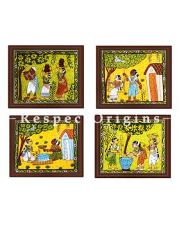Buy Set of 4 Cheriyal Painting on yellow base Horizontal Wall Art Hand Painted on Canvas Tribal activities 9x11 inches at RespectOrigins.com