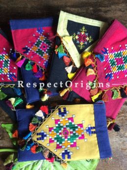 Set of 5 Cotton Mobile Sling Bags With Flap; Bead & Cotton thread Tassels; Suf or Soof Embroidery; RespectOrigins.com