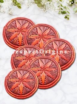 Perfectly Made Handwoven Maroon Moonj Grass Eco-friendly Set of 6 Round Hot Plates or Place Mats; Dia - 8 inches; RespectOrigins