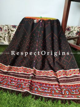 Unique Antique Intricate Tribal Embroidery Border Om Black Bandhej Woolen Shawl;108 x37 Inches; RespectOrigins.com