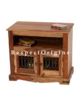 Buy Alex Handcrafted Solid Sheesham Wood TV console in honey oak Finish with Lattice work At RespectOrigins.com