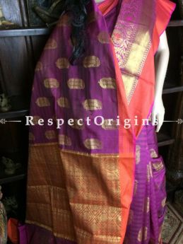 Magenta-orange Handwoven Banarasi Cotton Silk Saree; Zari Border & Butis, RespectOrigins.com