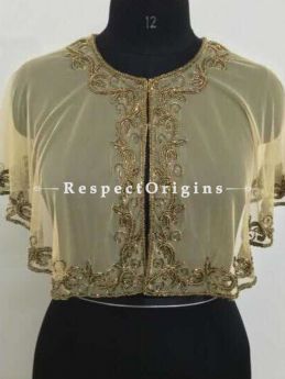 Classic Zardozi Gold Embroidery on Beige Georgette Cape Shrug Poncho Cocktail Gown Top; Freesize; RespectOrigins.com