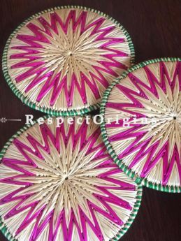 Handwoven Eco-friendly Natural Color With Pink Floral Pattern Sikki Grass With Green Border Place Mats - Set of 3; RespectOrigins.com