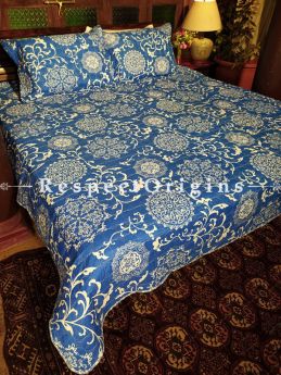 Indigo Prussian Blue Natural Pure Cotton Colourful Quilted Bedspread or Comforter Set; 100 X 90 Inches. Pillows Shams Included,  31 x 23 Inches