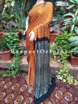 Celebration Bandhej Tie-Dye Modal Silk Saree with Hand-printed Ajrakh Pallu: Golden Yellow