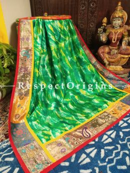 Buy Luxurious Green Batik Patola Style Silk Dupatta with Vintage Banarasi Brocade Kinkhab Border;At RespectOrigins