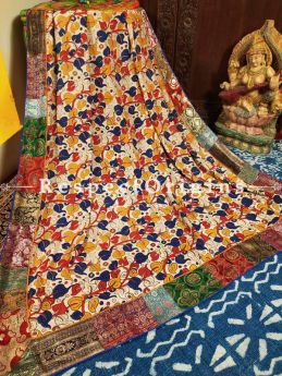 Buy Red, Yellow and White Dupatta in Cotton Silk with Kalamkari and Vintage Banarasi Kinkhab Brocade Silk Contrast Border;At RespectOrigins