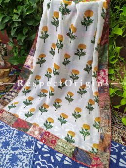 Buy White and Marigold Dupatta in Kalamkari with Silk Contrast Border;At RespectOrigins