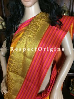 Grace Yellow-Red Handwoven Banarasi Cotton Silk Saree; Zari Border & Butis, RespectOrigins.com