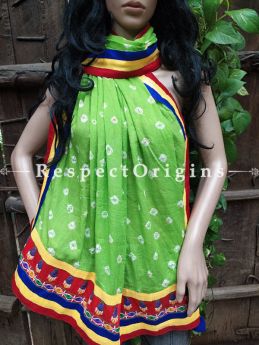 Gloria Boho Green Stole in Tie Dye Bandhani with Tribal Embroidered Borders;90 x32 Inches; RespectOrigins.com