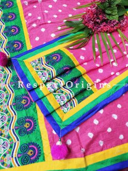 Vibrant Classy Pink Stole in Tie Dye Bandhani with Tribal Embroidered Borders;90 x32 Inches; RespectOrigins.com