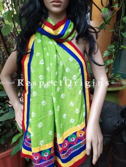 Gloria Boho Green Stole in Tie Dye Bandhani with Tribal Embroidered Borders;90 x32 Inches; RespectOrigins.com