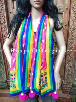 Exotic Boho Pink Stole in Tie Dye Bandhani with Tribal Embroidered Borders;90 x32 Inches; RespectOrigins.com