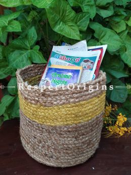 Yellow n Beige Organic Hand-braided Jute Planter, Laundry, Blankets or Toys Basket; 8 Inches; RespectOrigins.com