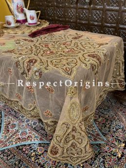 Decadent Beige Christmas Holiday Party Dining Table-cloth embellished with Beadwork and Copper-tone Sequins; Great Gift; RespectOrigins.com
