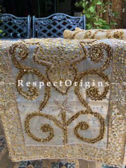 Golden Beadwork & Sequins on Beige Coloured Handmade & Embellished Dining Table- Runner with 2 Mat Set; RespectOrigins.com