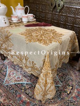 Gold on Beige Christmas Holiday Party Dining Table-cloth embellished with Beadwork and Sequins; Great Gift; RespectOrigins.com