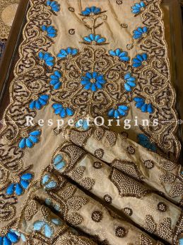 Blue Flowers Beadwork & Sequins on Beige Coloured Handmade & Embellished Dining Table- Runner with 4 Mat Set; RespectOrigins.com