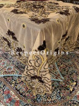 Black-Golden Beadwork & Sequins on Beige Coloured Handmade & Embellished Dining Table- Runner with 4 Mat Set; RespectOrigins.com