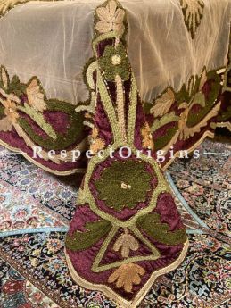 Green Beadwork & Sequins on Beige Coloured Handmade & Embellished Dining Table- Runner with 4 Mat Set; RespectOrigins.com