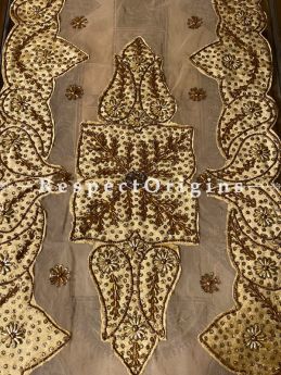 Joyful Yellow-on-Beige Christmas Holiday Party Dining Table-runner embellished with Beadwork and Sequins; Great Gift; RespectOrigins.com