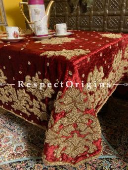 Velvet Red Christmas Holiday Party Dining Table-cloth embellished with Beige Beadwork and Sequins; Great Gift; RespectOrigins.com
