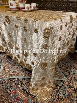 Ivory Velvet Christmas Holiday Party Dining Table-cloth embellished with Beige Beadwork and Sequins; Great Gift; RespectOrigins.com