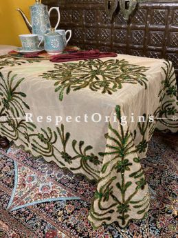 Green on Beige Christmas Holiday Party Dining Table-cloth embellished with Beadwork and Sequins; Great Gift; RespectOrigins.com
