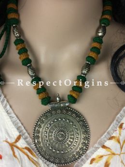 Buy Handcrafted Oxidized White Metal Big Round pendant With Mustard -Green Thread Necklace at RespectOrigins.com