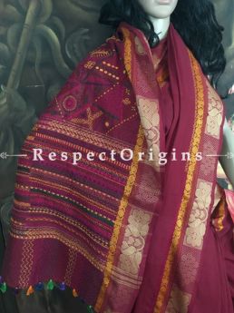 Deep Red; Hand Embroidered Lambani Saree; Hand-loomed Cotton Silk; RespectOrigins.com