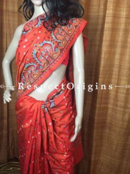 Buy Flame-Orange Kantha on Soft Rich Silk Saree. at RespectOrigins.com