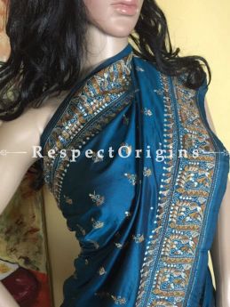 Buy Peacock-blue Kantha with Rich border & Pallu; Silk Saree at RespectOrigins.com
