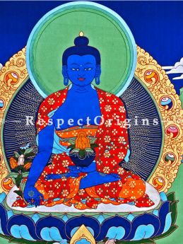Medicine Buddha Vertical Large Tibetan Thangka Wall Art in A Traditional Silk Brocade Border Finished Size With Border Is 36x28 in.