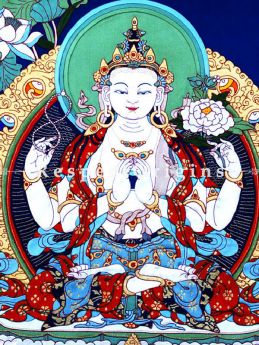 Large Buddhist Avalokitesvara Thangkha Painting with Traditional Silk Brocade Border Finished Size With Border Is 36x28 in.