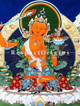 Manjushri Vertical Large Tibetan Thangka Wall Art in A Traditional Silk Brocade Border Finished Size With Border Is 36x28 in.