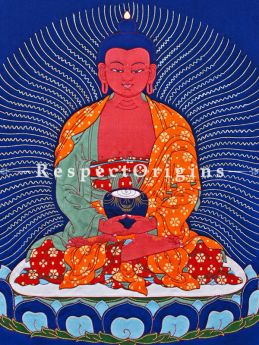 Buddha Amitabha Large Thangkha with a traditional Silk Brocade Border in 36x28 in.