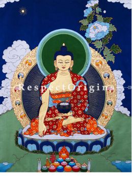 Buddha Shakyamuni Vertical Large Tibetan Applique Work Thangka Wall Art in A Traditional Silk Brocade Border Finished Size With Border Is 36x28 in.