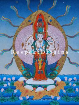 1000-Armed Avalokitesvara Vertical Large Tibetanthangka Painting Adorned With 24K Gold Paint Framed in A Traditional Silk Brocade Border Finished Size With Border Is 36x28 in.