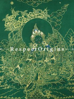 Green Tara Vertical Large Tibetan Thangka Painting Adorned With 24K Gold Paint Framed in A Traditional Silk Brocade Border Finished Size With Border Is 36x28 in.