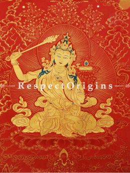 Manjushri Vertical Large Tibetan Thangka Painting Adorned With 24K Gold Paint Framed in A Traditional Silk Brocade Border Finished Size With Border Is 36x28 in.