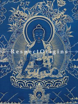 Medicine Buddha Vertical Large Tibetan Thangka Painting Adorned With 24K Gold Paint Framed in A Traditional Silk Brocade Border Finished Size With Border Is 36x28 in.
