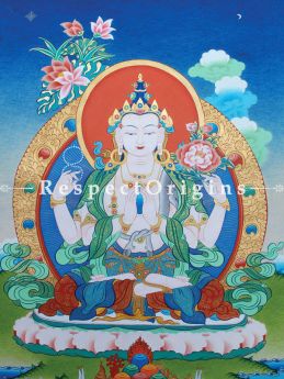Avalokitesvara Vertical Large Tibetan Thangka Painting Adorned With 24K Gold Paint Framed in A Traditional Silk Brocade Border Finished Size With Border Is 36x28 in.