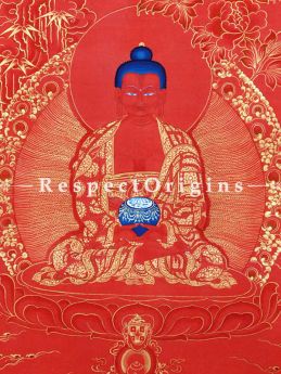Buddha Amitabha Vertical Large Tibetan Thangka Painting Adorned With 24K Gold Paint Framed in A Traditional Silk Brocade Border Finished Size With Border Is 36x28 in.