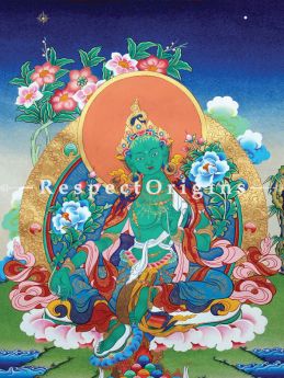 Green Tara Vertical Large Tibetan Thangka Painting Adorned With 24K Gold Paint Framed in A Traditional Silk Brocade Border Finished Size With Border;  36x28 in.