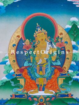 Maitreya Vertical Large Tibetan Thangka Painting Adorned With 24K Gold Paint Framed in A Traditional Silk Brocade Border Finished Size With Border Is 36x28 in.