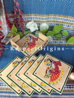 Buy Square Set of 6; Dancing Lady Hand Painted Tikuli Art Tea Coasters With Holder; 4x4 in At RespectOrigins.com